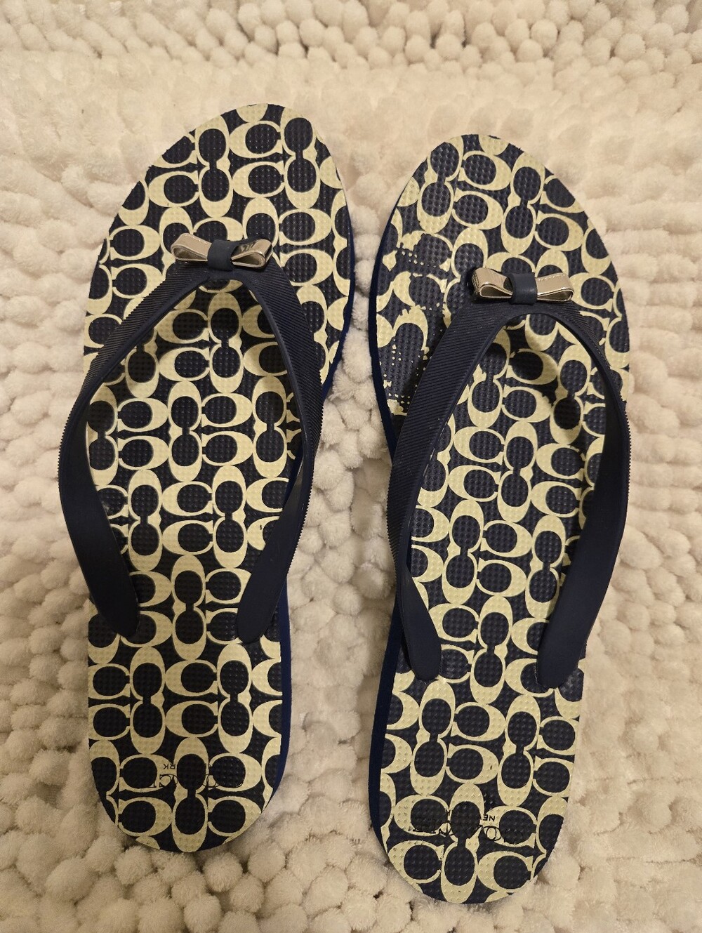 Coach Navy Patterned Flip Flops with Coach Bow Accent